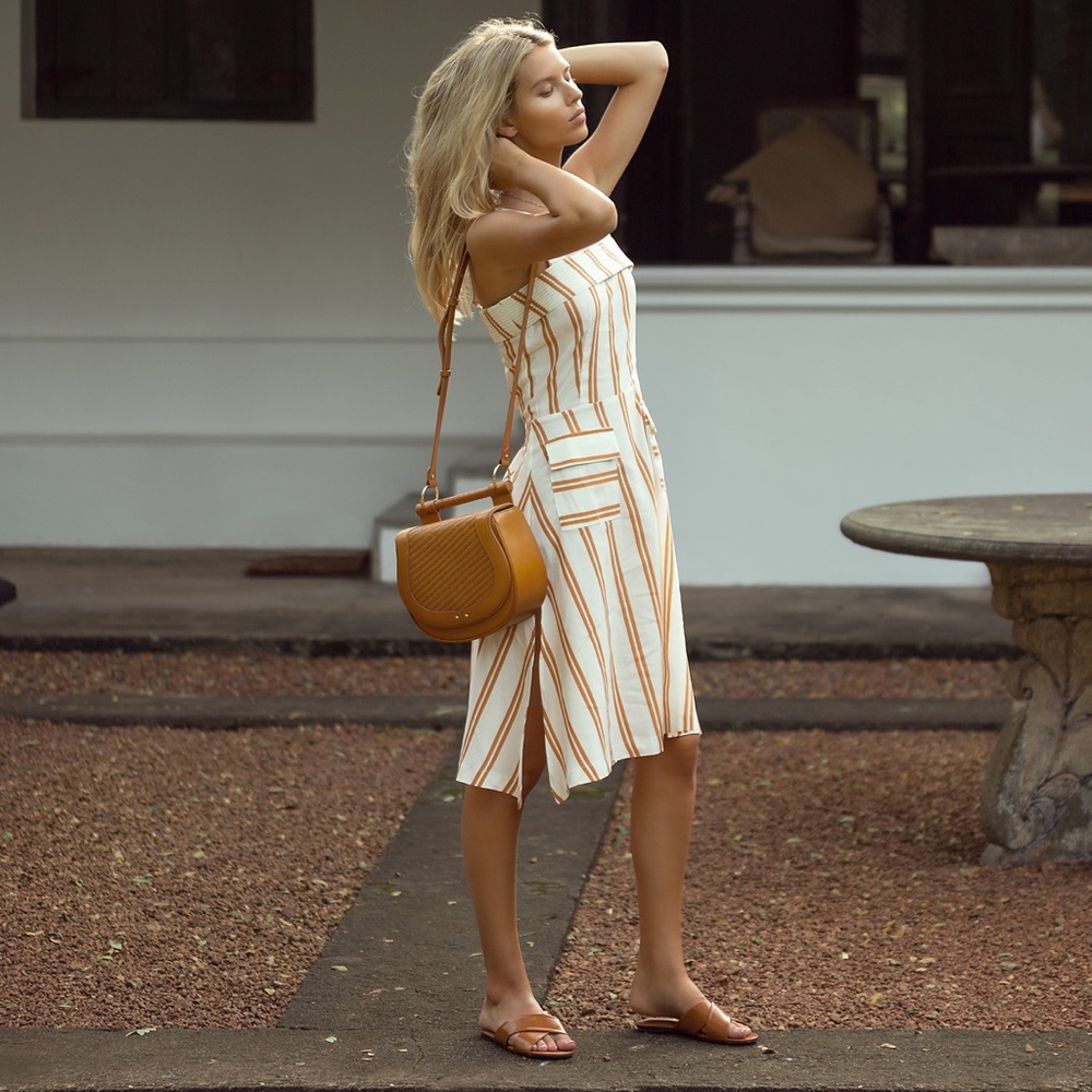 Sancia | Striped White and Tan Summer Midi Dress - Women's